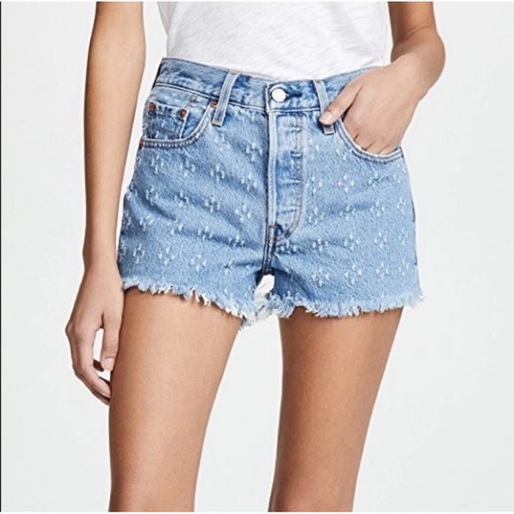 Levis 501 Button Fly High Rise Distressed Frayed Dottie Blues Denim Shorts 29 - Picture 15 of 16